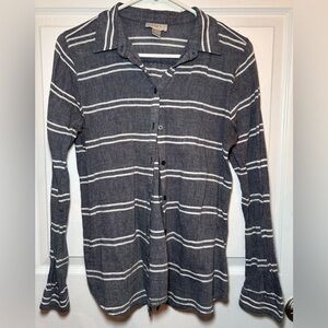 Ann Taylor LOFT Striped Button- Down Long Sleeve Shirt- Grey/White Size Medium